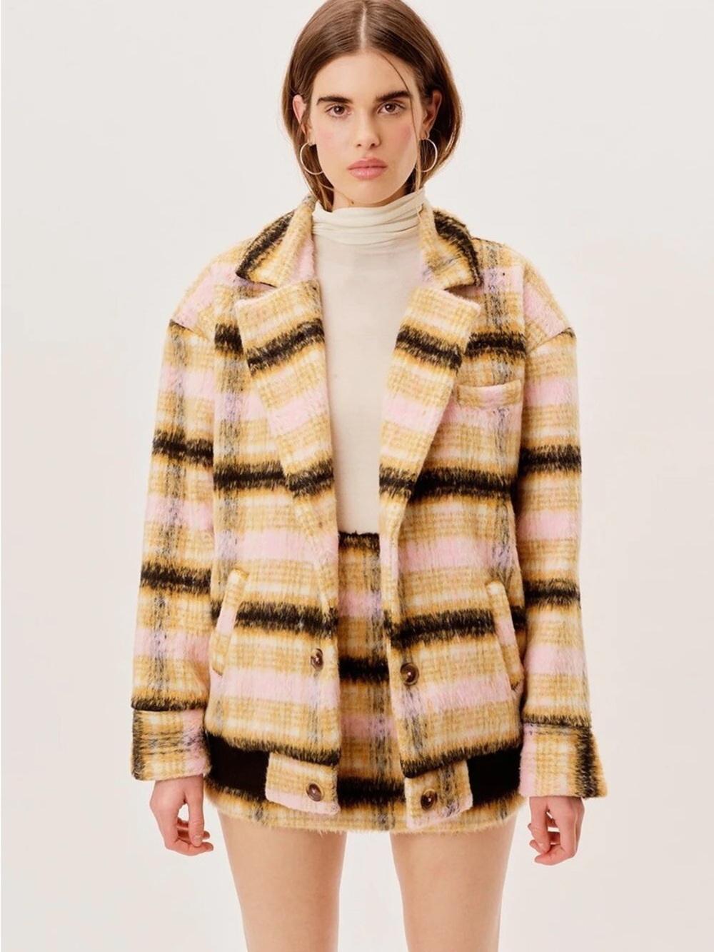 For Love & Lemons Pink, Yellow & Black Plaid Tailored Jacket